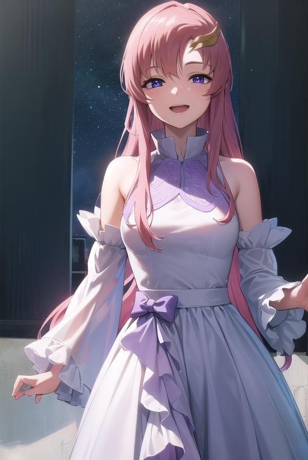 lacusclyne, <lora:lacusclyne-lora-nochekaiser:1>,lacus clyne, (purple eyes:1.1), hair ornament, long hair, wave hair ornament, pink hair, <lora:nikkori_v200:1>, smile, open mouth,BREAK dress, long dress, white dress, long sleeves, white sleeves, frills frilled skirt, frilled sleeves, detached sleeves, bare shoulders, purple skirt, purple frills,BREAK looking at viewer, (cowboy shot:1.5),BREAK outdoors, space, star \(sky\), sun, BREAK <lyco:GoodHands-beta2:1>, (masterpiece:1.2), best quality, high resolution, unity 8k wallpaper, (illustration:0.8), (beautiful detailed eyes:1.6), extremely detailed face, perfect lighting, extremely detailed CG, (perfect hands, perfect anatomy),