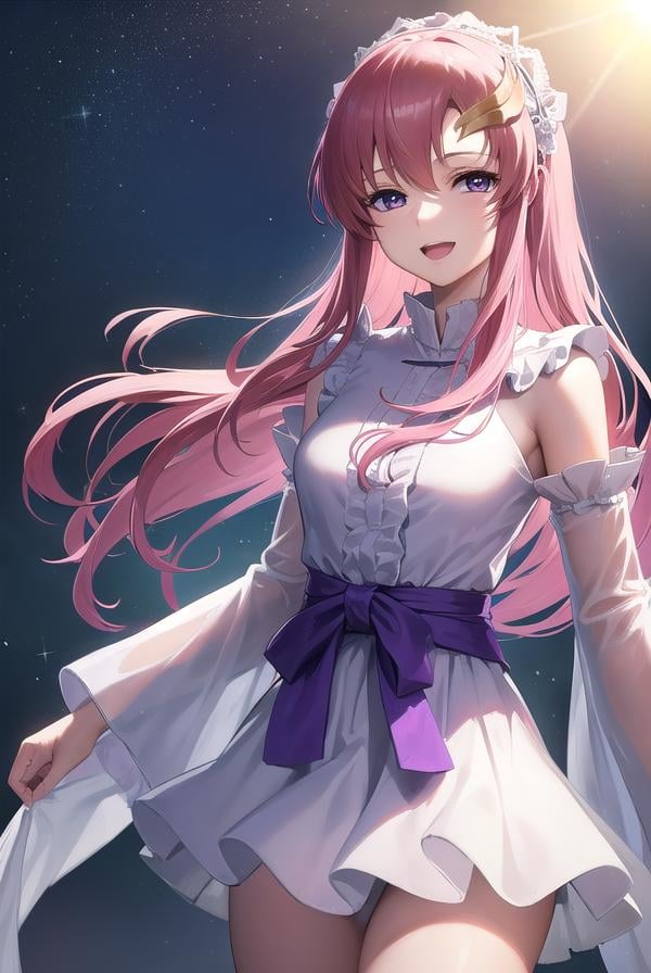 lacusclyne, <lora:lacusclyne-lora-nochekaiser:1>,lacus clyne, (purple eyes:1.1), hair ornament, long hair, wave hair ornament, pink hair, <lora:nikkori_v200:1>, smile, open mouth,BREAK dress, long dress, white dress, long sleeves, white sleeves, frills frilled skirt, frilled sleeves, detached sleeves, bare shoulders, purple skirt, purple frills,BREAK looking at viewer, (cowboy shot:1.5),BREAK outdoors, space, star \(sky\), sun, BREAK <lyco:GoodHands-beta2:1>, (masterpiece:1.2), best quality, high resolution, unity 8k wallpaper, (illustration:0.8), (beautiful detailed eyes:1.6), extremely detailed face, perfect lighting, extremely detailed CG, (perfect hands, perfect anatomy),