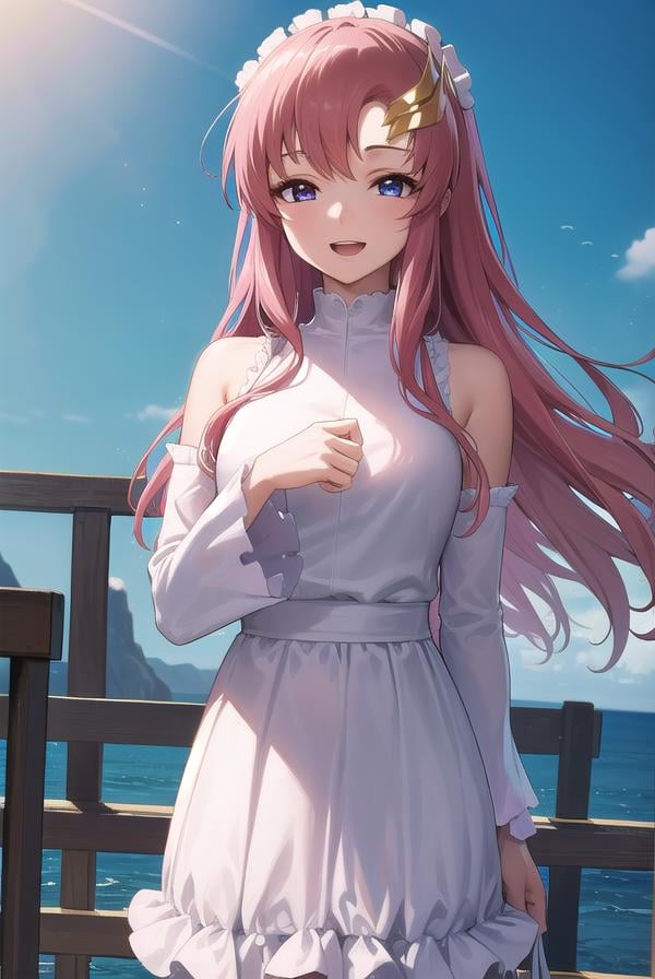 lacusclyne, <lora:lacusclyne-lora-nochekaiser:1>,lacus clyne, (purple eyes:1.1), hair ornament, long hair, wave hair ornament, pink hair, <lora:nikkori_v200:1>, smile, open mouth,BREAK dress, long dress, white dress, long sleeves, white sleeves, frills frilled skirt, frilled sleeves, detached sleeves, bare shoulders, purple skirt, purple frills,BREAK looking at viewer, (cowboy shot:1.5),BREAK outdoors, space, star \(sky\), sun, BREAK <lyco:GoodHands-beta2:1>, (masterpiece:1.2), best quality, high resolution, unity 8k wallpaper, (illustration:0.8), (beautiful detailed eyes:1.6), extremely detailed face, perfect lighting, extremely detailed CG, (perfect hands, perfect anatomy),