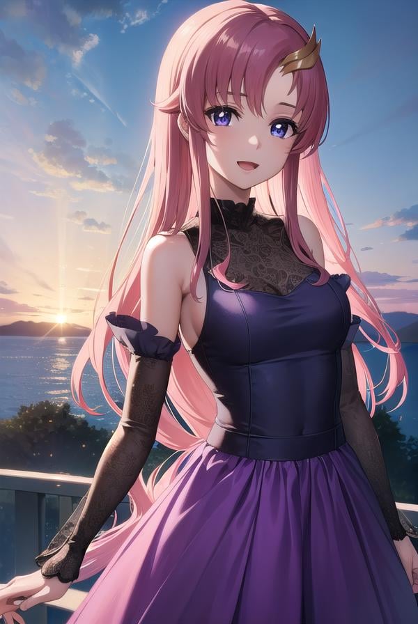 lacusclyne, <lora:lacusclyne-lora-nochekaiser:1>,lacus clyne, (purple eyes:1.1), hair ornament, long hair, wave hair ornament, pink hair, smile, open mouth,BREAK dress, long dress, long sleeves, white sleeves, frills frilled skirt, frilled sleeves, detached sleeves, bare shoulders, purple skirt, purple frills,BREAK looking at viewer, (cowboy shot:1.5),BREAK outdoors, space, star \(sky\), sun, BREAK <lyco:GoodHands-beta2:1>, (masterpiece:1.2), best quality, high resolution, unity 8k wallpaper, (illustration:0.8), (beautiful detailed eyes:1.6), extremely detailed face, perfect lighting, extremely detailed CG, (perfect hands, perfect anatomy),