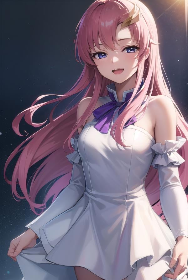 lacusclyne, <lora:lacusclyne-lora-nochekaiser:1>,lacus clyne, (purple eyes:1.1), hair ornament, long hair, wave hair ornament, pink hair, <lora:nikkori_v200:1>, smile, open mouth,BREAK dress, long dress, white dress, long sleeves, white sleeves, frills frilled skirt, frilled sleeves, detached sleeves, bare shoulders, purple skirt, purple frills,BREAK looking at viewer, (cowboy shot:1.5),BREAK outdoors, space, star \(sky\), sun, BREAK <lyco:GoodHands-beta2:1>, (masterpiece:1.2), best quality, high resolution, unity 8k wallpaper, (illustration:0.8), (beautiful detailed eyes:1.6), extremely detailed face, perfect lighting, extremely detailed CG, (perfect hands, perfect anatomy),