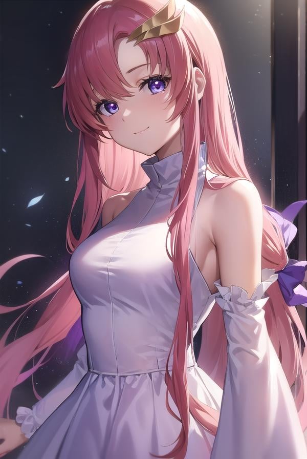 lacusclyne, <lora:lacusclyne-lora-nochekaiser:1>,lacus clyne, (purple eyes:1.1), hair ornament, long hair, wave hair ornament, pink hair, smile,BREAK dress, long dress, white dress, long sleeves, white sleeves, frills frilled skirt, frilled sleeves, detached sleeves, bare shoulders, purple skirt, purple frills,BREAK looking at viewer, (cowboy shot:1.5),BREAK outdoors, space, star \(sky\), sun, BREAK <lyco:GoodHands-beta2:1>, (masterpiece:1.2), best quality, high resolution, unity 8k wallpaper, (illustration:0.8), (beautiful detailed eyes:1.6), extremely detailed face, perfect lighting, extremely detailed CG, (perfect hands, perfect anatomy),