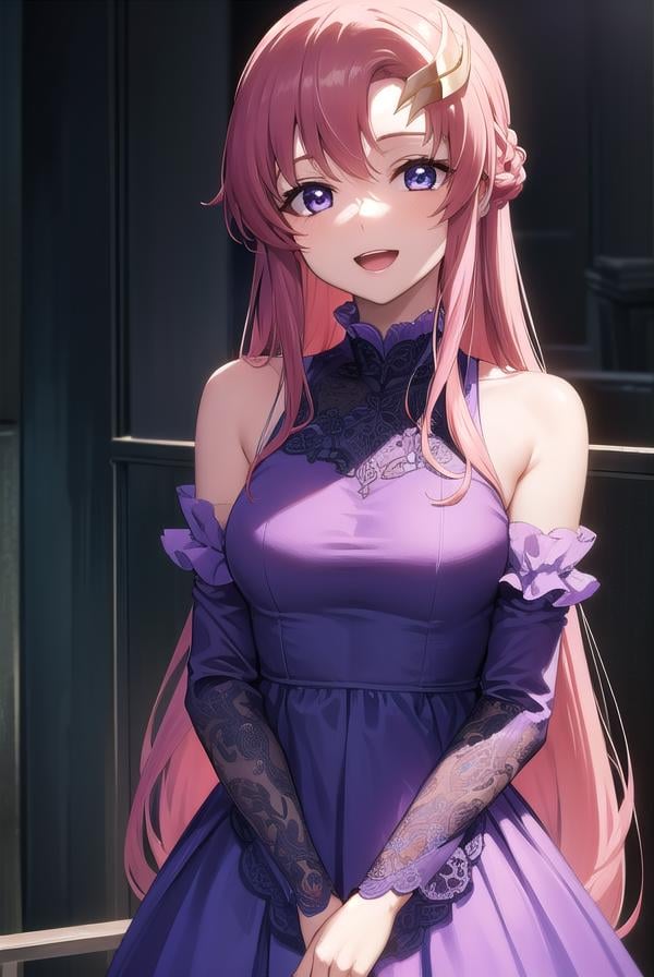 lacusclyne, <lora:lacusclyne-lora-nochekaiser:1>,lacus clyne, (purple eyes:1.1), hair ornament, long hair, wave hair ornament, pink hair, smile, open mouth,BREAK dress, long dress, long sleeves, white sleeves, frills frilled skirt, frilled sleeves, detached sleeves, bare shoulders, purple skirt, purple frills,BREAK looking at viewer, (cowboy shot:1.5),BREAK outdoors, space, star \(sky\), sun, BREAK <lyco:GoodHands-beta2:1>, (masterpiece:1.2), best quality, high resolution, unity 8k wallpaper, (illustration:0.8), (beautiful detailed eyes:1.6), extremely detailed face, perfect lighting, extremely detailed CG, (perfect hands, perfect anatomy),