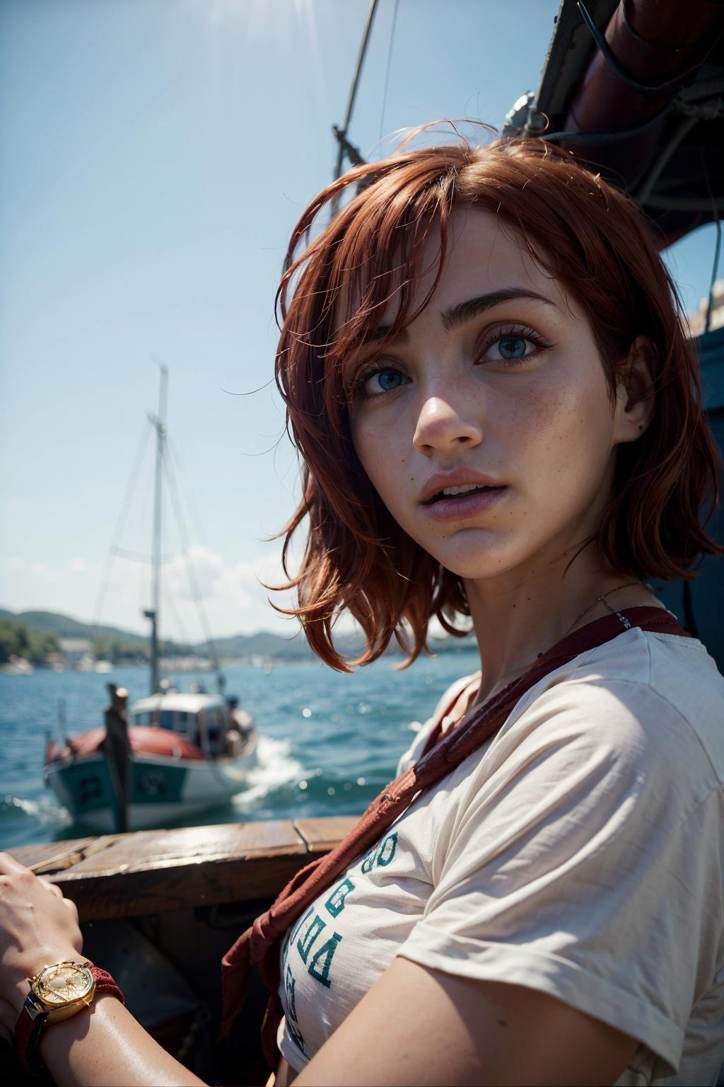emilyrudd, nami, a woman with red hair piloting a boat <lora:emilyrudd:1>