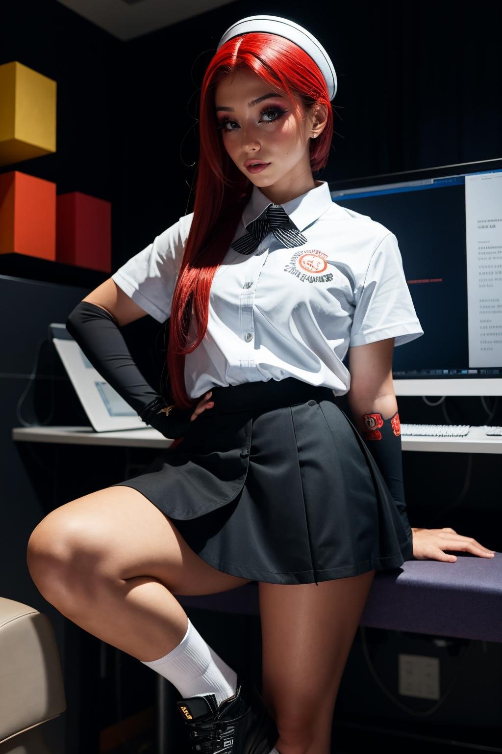 ellaexplicit, a woman wearing school uniform, closed shirt, shirt and skirt, high socks <lora:ellaexplicit2-000008:1>