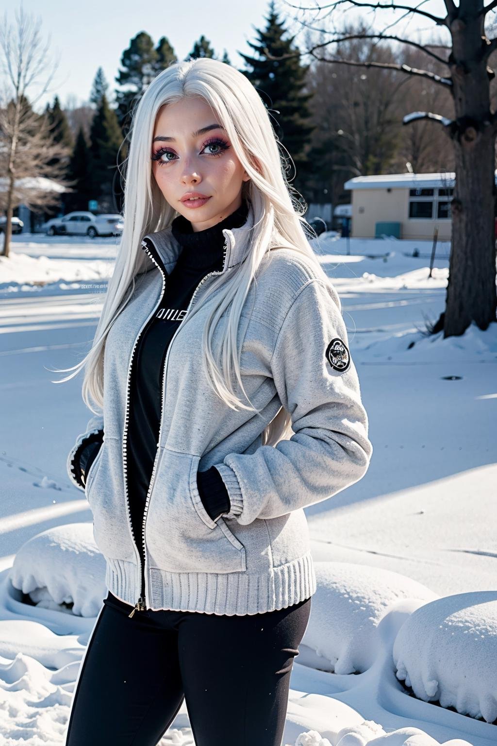 ellaexplicit, white hair, a woman wearing winter clothes in snow <lora:ellaexplicit2-000008:1>