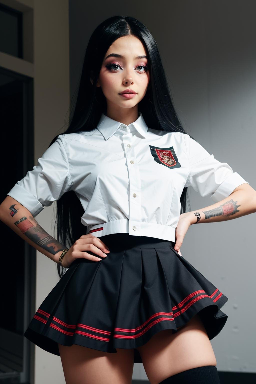 ellaexplicit, a woman wearing school uniform, closed shirt, shirt and skirt, high socks <lora:ellaexplicit2-000008:1>