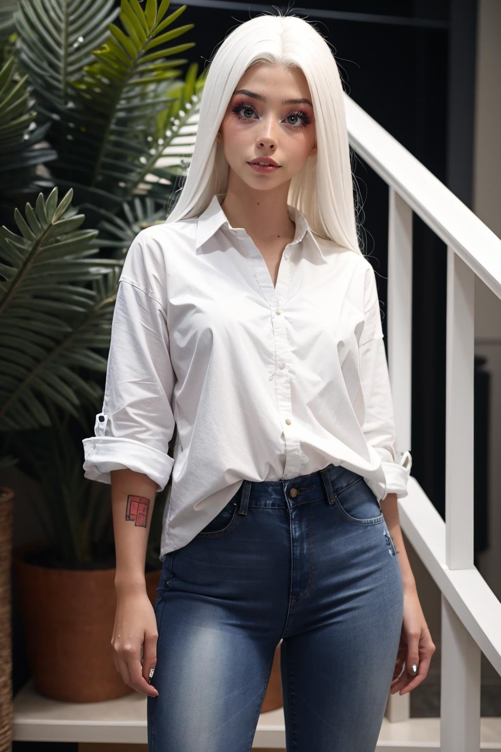 ellaexplicit, white hair, a woman wearing shirt and jeans <lora:ellaexplicit2-000008:1>