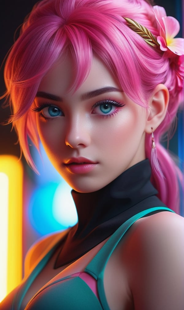 (extremely detailed CG unity 8k wallpaper,masterpiece, best quality, ultra-detailed, beautiful detailed eyes:1.2),best illumination, (best shadow, an extremely delicate and beautiful, bloom), 1gril,solo,pink eyes,pink hair, neon_woman
