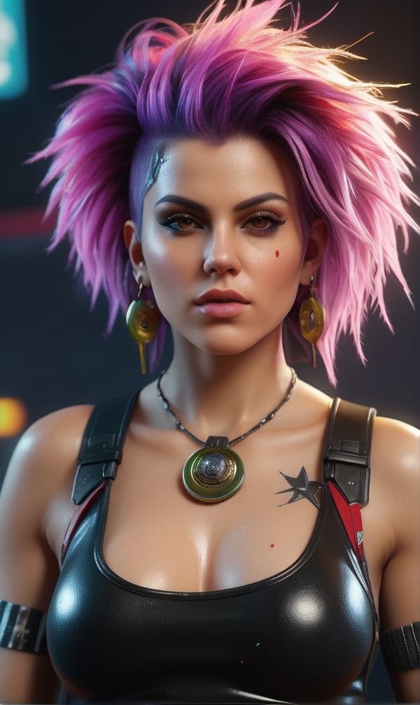 ((Best quality)), ((masterpiece)), (highly detailed), 3D, beautiful punk woman with thick voluminous hair,pw,swpunk,synthwave,paint splatters,HDR (High Dynamic Range),Ray Tracing,NVIDIA RTX,Super-Resolution,Unreal 5,Subsurface scattering,PBR Texturing,Post-processing,Anisotropic Filtering,Depth-of-field,Maximum clarity and sharpness,Multi-layered textures,Albedo and Specular maps,Surface shading,Accurate simulation of light-material interaction,Perfect proportions,Octane Render,Two-tone lighting,Low ISO,White balance,Rule of thirds,Wide aperature,8K RAW,Efficient Sub-Pixel,sub-pixel convolution,luminescent particles,
