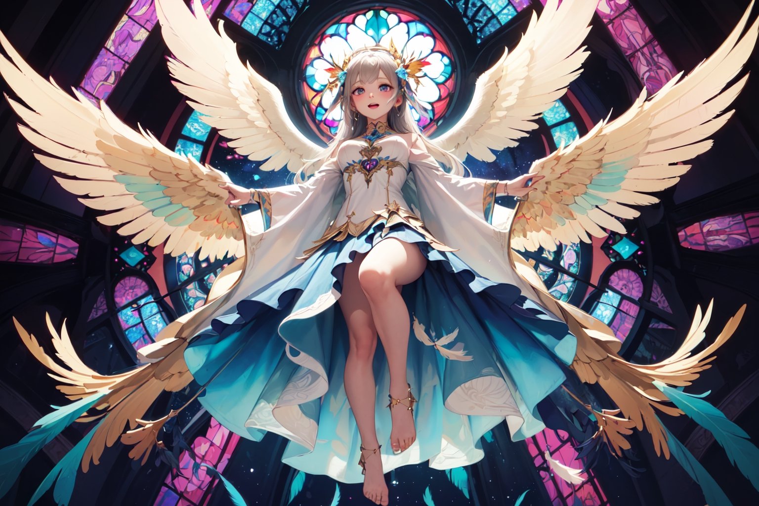 (masterpiece, incredibly absurdres, highres, best quality, official art, beautiful and aesthetic:1.2), one girl, angel Descending, (kaleidoscope:1.2), stained glass, Greek, front view, from below, full body, (angel feather wings), (happy), (vivid), floating colorful feather