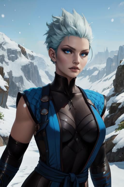 Frost, blue eyes,   spiked hair,  serious,  lips,  fingerless elbow gloves, bodysuit,  pelvic curtain ,  blue attire,  standing,  upper body, dojo, snow, solo,  (insanely detailed, beautiful detailed face, masterpiece, best quality) <lora:xFrost:0.8>