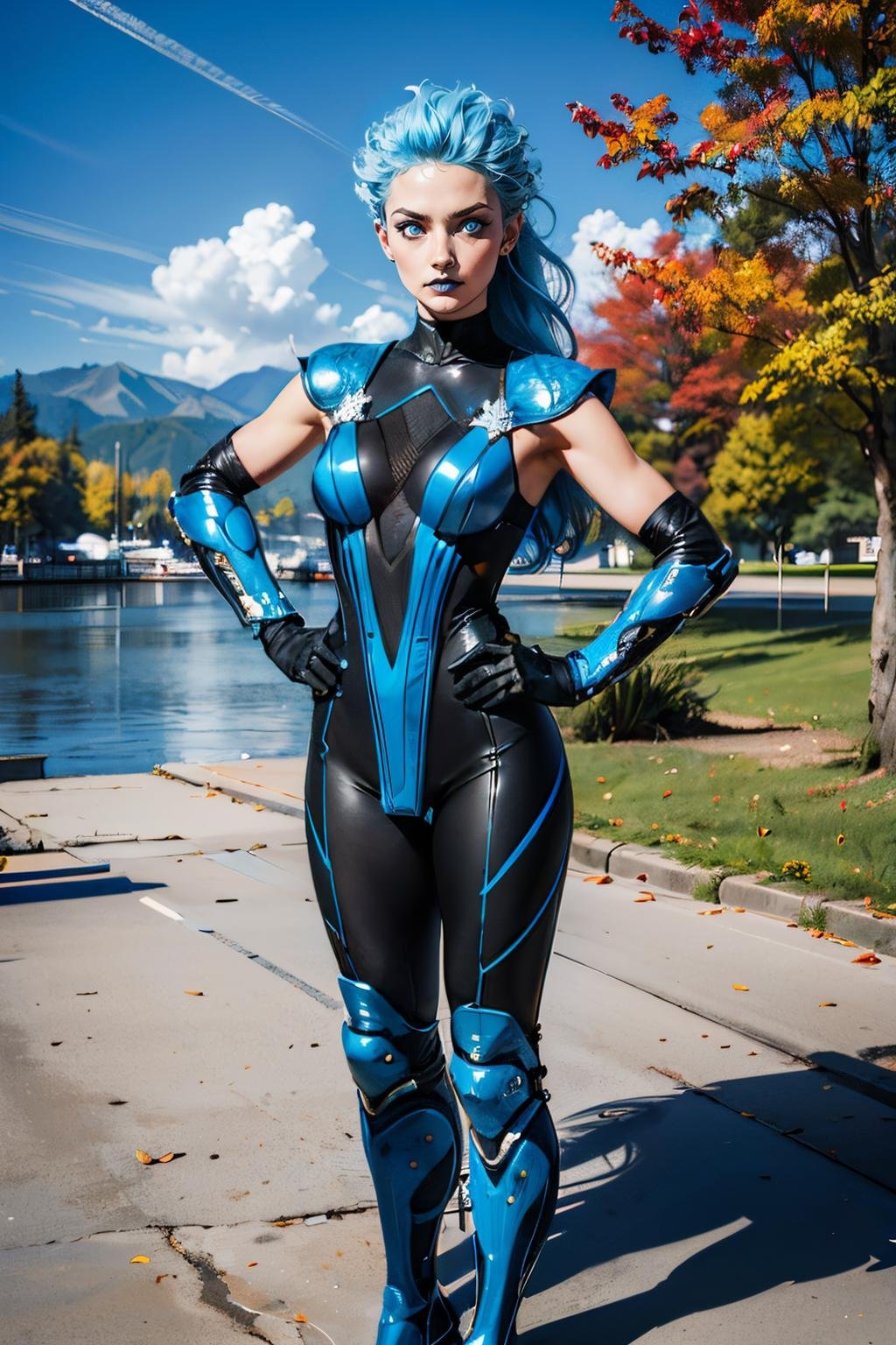 frost, blue hair, long hair, blue eyes, glowing eyes, blue lipstick, bodysuit, blue attire, shoulder armor, pelvic curtain, elbow gloves, heels, looking at viewer, serious,standing, hands on hips, outside, moutain, autumn, overcast, cold, extreme detail, masterpiece, beautiful quality, <lora:xFrost:.8>