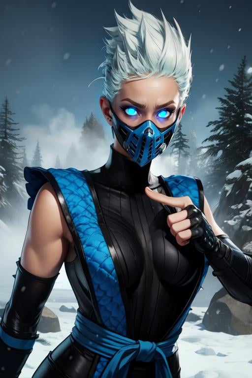 Frost, blue eyes,    mouth mask,  spiked hair,  glowing eyes, dojo, snow, solo, ice, (insanely detailed, beautiful detailed face, masterpiece, best quality) <lora:xFrost:0.7>