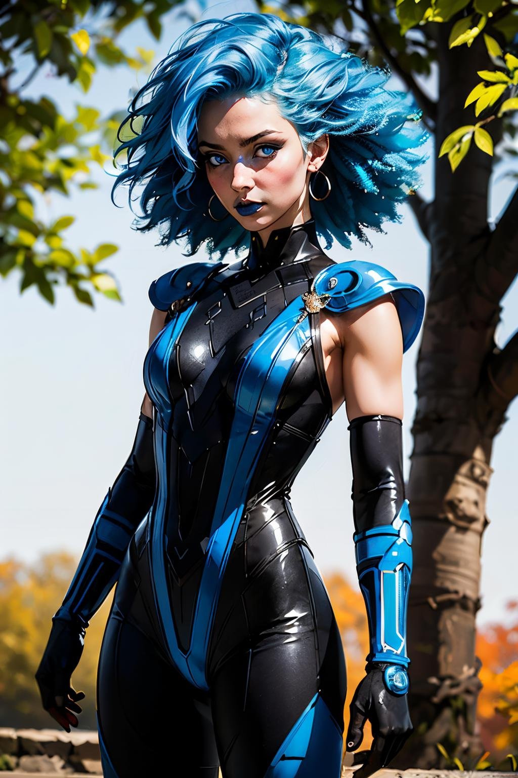 frost, blue hair, large afro, blue eyes, glowing eyes, blue lipstick, bodysuit, blue attire, shoulder armor, elbow gloves, looking at viewer, serious, embarrassed, blush, medium shot, standing, outside, autumn, overcast, cold, extreme detail, masterpiece, beautiful quality, <lora:xFrost:.8>