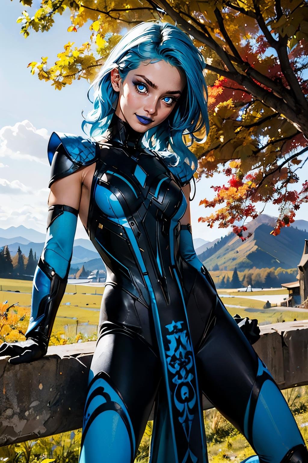 frost, blue hair, long wavy hair, blue eyes, glowing eyes, blue lipstick, bodysuit, blue attire, shoulder armor, pelvic curtain, elbow gloves, looking at viewer, serious, smiling, medium shot, leaning back, on tree, outside, mountain, autumn, overcast, cold, extreme detail, masterpiece, beautiful quality, <lora:xFrost:.8>