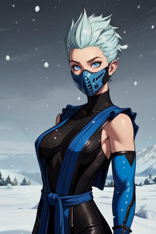 Frost, blue eyes,   mouth mask,  spiked hair,  fingerless elbow gloves, bodysuit,  pelvic curtain ,  blue attire, standing,  upper body, dojo, snow, solo,  (insanely detailed, beautiful detailed face, masterpiece, best quality) <lora:xFrost:0.7>