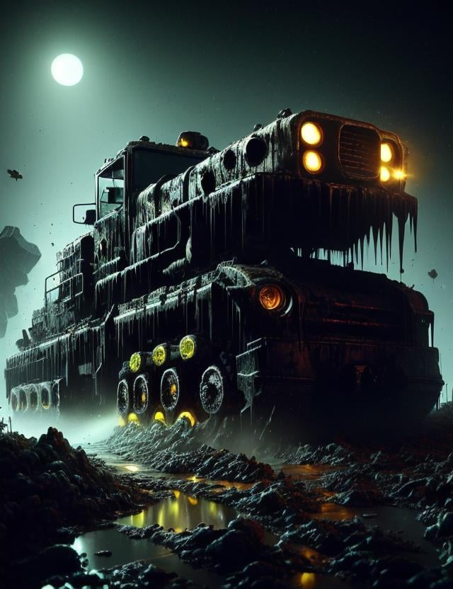 ((best quality)), ((masterpiece)), ((realistic,digital art)), (hyper detailed), Massive Mining Vehicle, Stylized Grille,  Laser Headlights, Off-Road Bumper,  Concrete, __properties/Visual-Appearance__, __properties/paint-vehicle__, Reflective Gloss,, octane rendering, raytracing, volumetric lighting, Backlit,Rim Lighting, 8K, HDR,   <lora:Creepy_Nightmare_SD1.5_version:0.8>