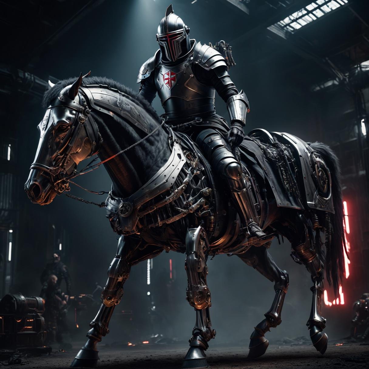 (bio-mechanical:1.2) cyberpunk knights' templar  (full body neon exoskeleton) riding a ((cyberpunk mechanical horse)) hard into battle, BREAKtemplar flag, dark theme, dark future, highlighted face, elegant, detailed skin, ((human-machine fusion)),, organic meets artificial, (in awe:1.2), confident, (surprised:0.7), natural skin, BREAK    physically based unbiased rendering, sharp focus, extremely high-resolution details, photographic, realism pushed to extreme, fine texture, 4k, ultra-detailed, high quality, high contrast,