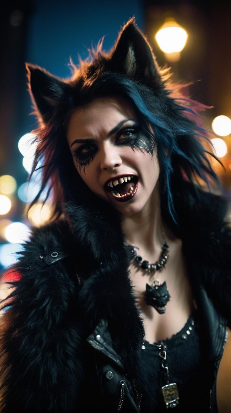 close up, grunge style, night, backlighting a punk girl's partially a wolf, werewolf, vampire protruding fangs, expressive and mystical, fur in the night big city background, black jewelry, film analog grain, masterpiece, 2.8, 16mm lens, bokeh, smoke, wide frame