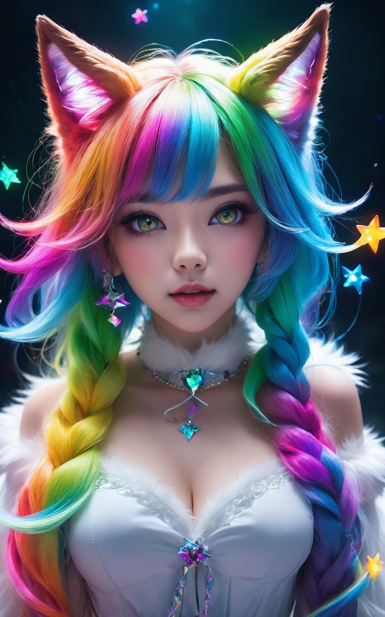 hyperrealistic, (photorealistic:1.3), Depth of Field, film, Cinematic,masterpiece, best quality, ultra high res, highly detailed, (psychedelic art:1.4), (woman, demon:1.3), (floating in dark mist:1.1), furry girl, anime furry women, ((best quality)), ((masterpiece)), ((realistic)), (detailed), portrait, close up, young female, RAW photo, uhd, dslr, rainbow hair, high quality, realistic, photo realistic, dreamlikeart, lens flare, upper body, looking at viewer, animal focus, furry, wolf fursuit, 1girl, cute, kawaii, lovely, fur, fur head, wolf head, narrow waist, wolf ears, black chocker, blush, paw, paw shoes, rainbow clothes, stunning gradient colors, no watermark signature, detailed background, woods, small lake with island, insanely detailed, visually stunning, wicked, hypnotic, alluring, cowboy shot, intricate, perferct shading, veil, beautiful, award-winning illustration, cosmic space background, ethereal atmosphere, ultra quality, beautiful girl, cosmical concept, rainbow strings, rainbow skin, rainbow bloody veins growing and intertwining out of the darkness, nailed wire, oozing thick blue blood, sharp neon, veins growing and pumping blood, vascular networks growing, green veins everywhere, yin and yang, glowing space, glowing stars, infinity symbol, dynamic pose, flying pose, glowing body, (rainbow aura:1.1), beautiful angel, clockwork, lightning, majestic, breathtaking,tamamo (fate), fox girl,gigantic breasts,unbuttoned clothes,fox_ears,facial close-up,