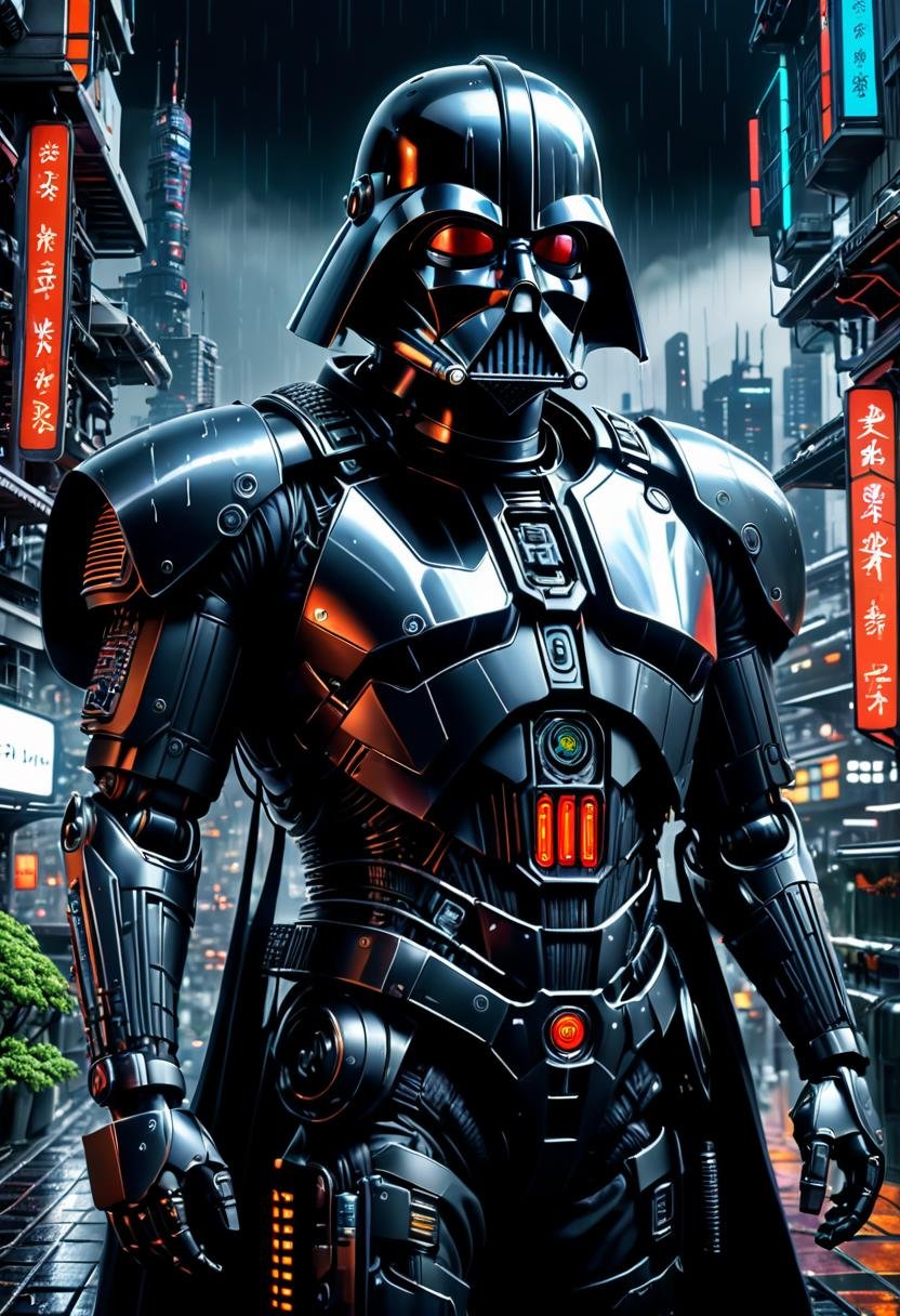 Dark Vador, (((full-body))),Cypherpunk style, wide shot, street, Breathtaking, 8k resolution, extremely detailed, beautiful, establishing shot, artistic, hyperrealistic, ultra realistic render, extremely fine details, like-like render, cinematic lighting, dramatic volumetric lighting, masterpiece, light brazen, extremely detailed and beautiful face, 150mm, HDR10 <lora:Wowifier:0.69> <lora:Details:0.85>,Cyberpunk, in heavy raining futuristic tokyo rooftop cyberpunk night, sci-fi, fantasy, intricate, very very beautiful, elegant, neon light, highly detailed, digital painting, artstation, concept art, soft light, hdri, smooth, sharp focus, illustration,