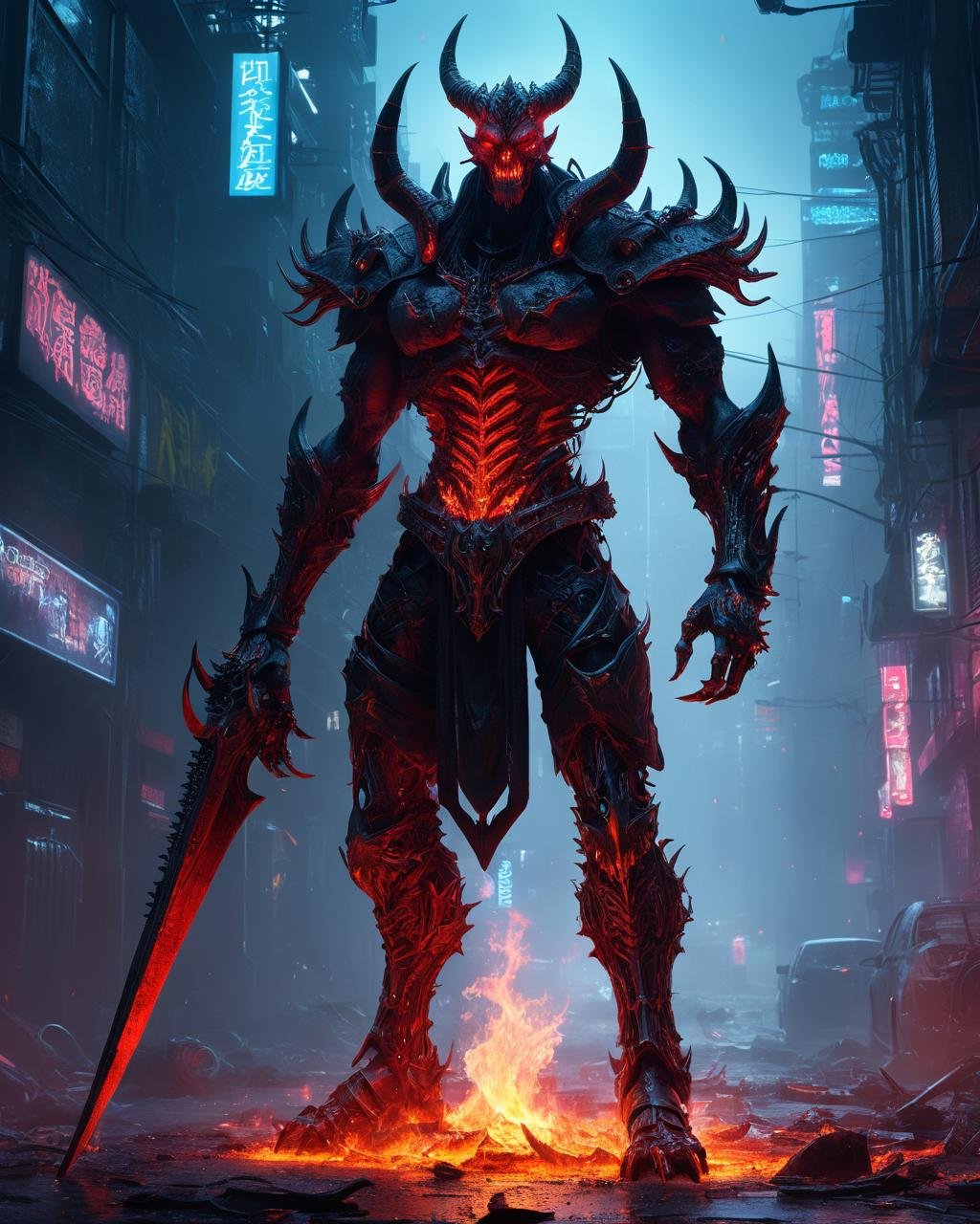 full body complex render ultra detailed of the devilish demon Diablo in cyberpunk style,150mm,beautiful neon light,vibrant details,luxurious cyberpunk,hyperrealistic,moist foggy urban scenery,iridescent red fire,burning particles,grim masterwork by head of prompt engineering,<lora:add-detail-xl:1.99>,<lora:cyberpunk_xl_v1:1.5>,