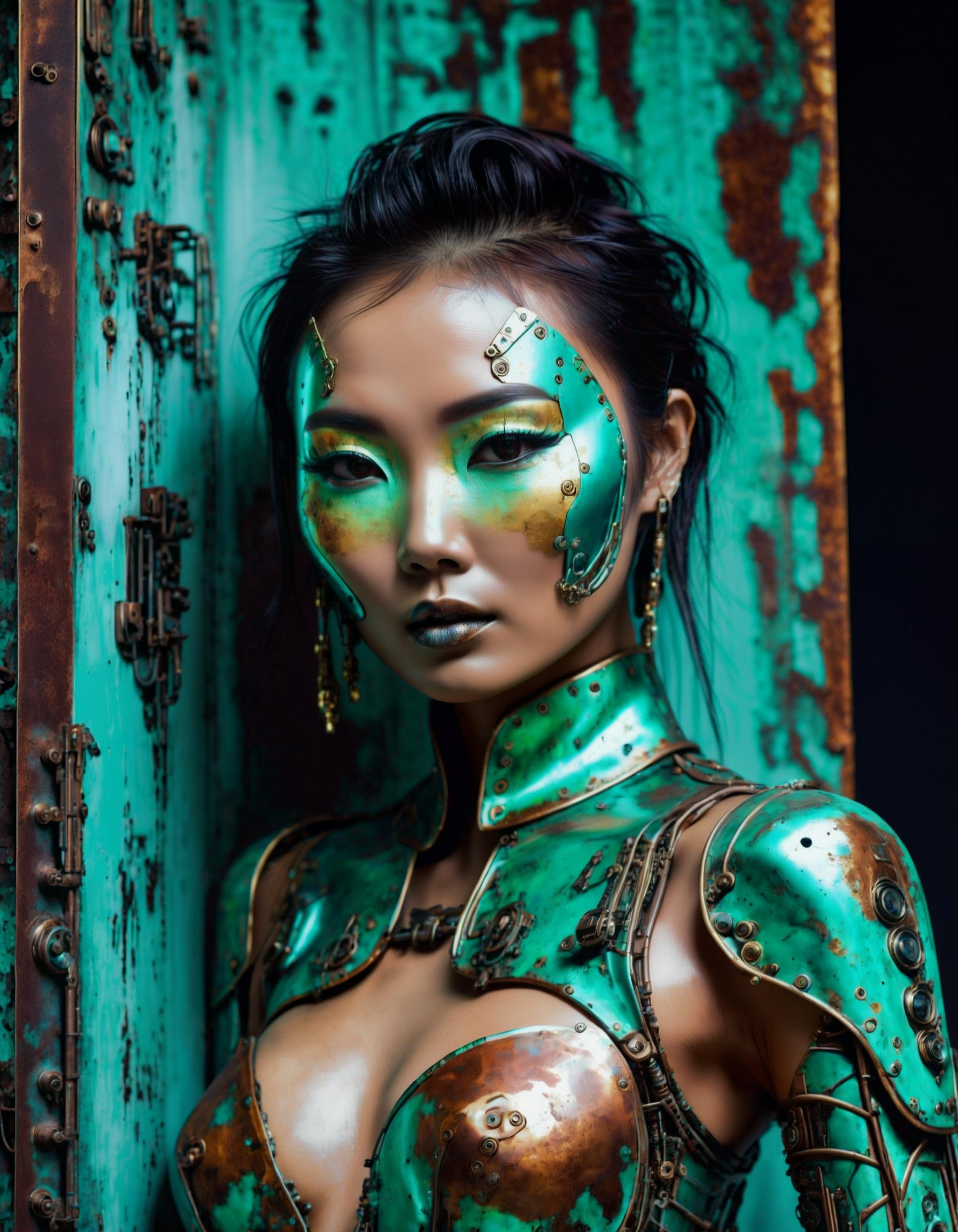 glamorous photo RAW photo, patina metal skin, pms style, eclectronic robot eyes, 25 yo asian woman, wearing rave fashion old fabrik, fog,   . high fashion, luxurious, extravagant, stylish, sensual, opulent, elegance, stunning beauty, professional, high contrast, detailed