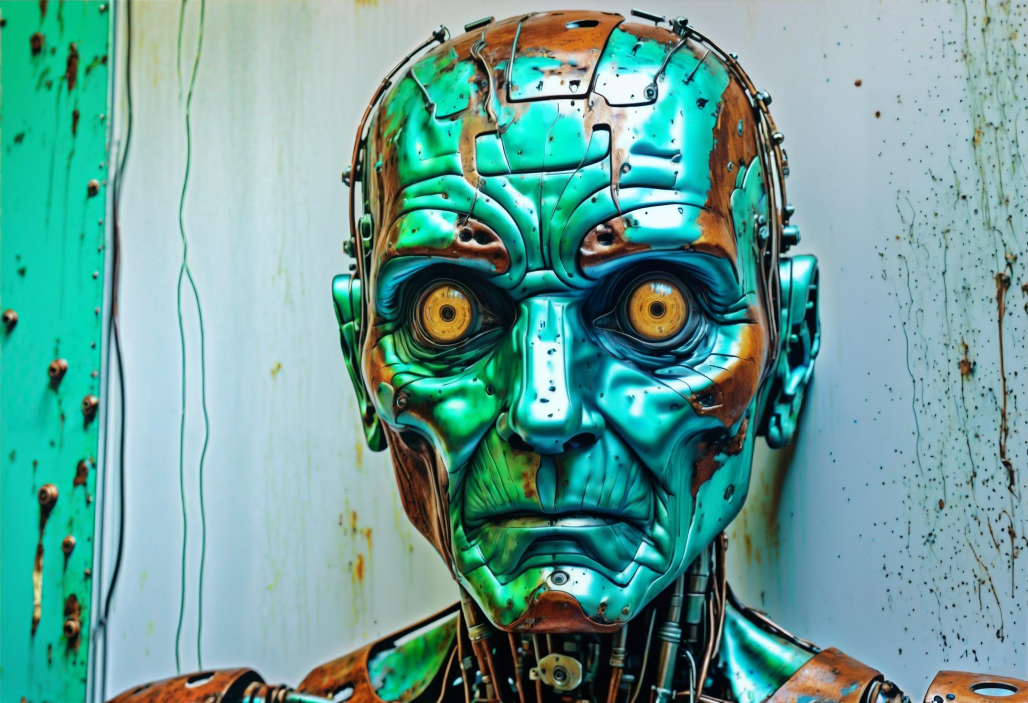 HDR photo of RAW photo, patina metal skin, pms style, electronic robot eyes,  85 yo old man, in a hospital, old mechanical parts, rust . High dynamic range, vivid, rich details, clear shadows and highlights, realistic, intense, enhanced contrast, highly detailed
