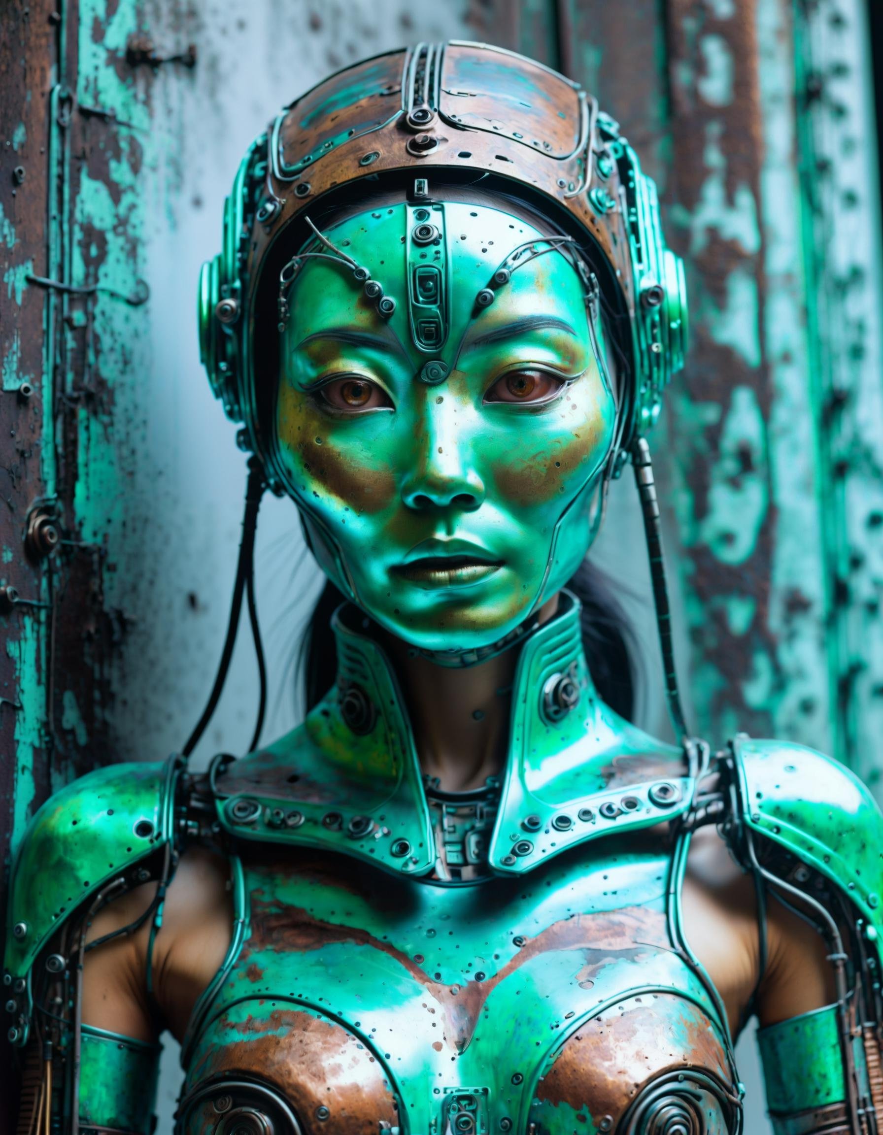 alien-themed RAW photo, patina metal skin, pms style, electronic robot eyes, 25 yo asian woman, wearing rave fashion old fabrik, fog,   . extraterrestrial, cosmic, otherworldly, mysterious, sci-fi, highly detailed