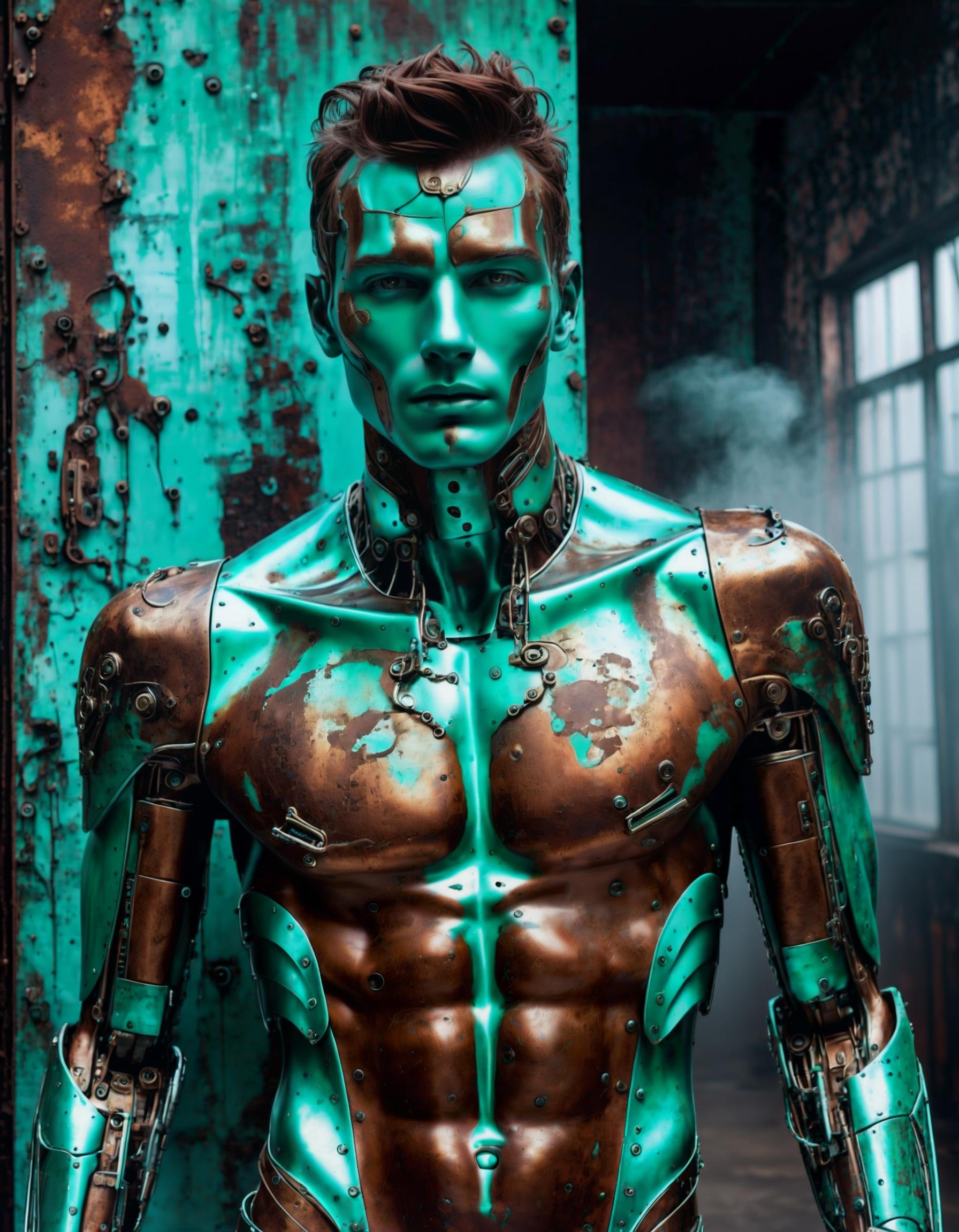 glamorous photo RAW photo, patina metal skin, pms style, electronic robot eyes,  25 yo man, muskular body old fabrik, fog,   . high fashion, luxurious, extravagant, stylish, sensual, opulent, elegance, stunning beauty, professional, high contrast, detailed