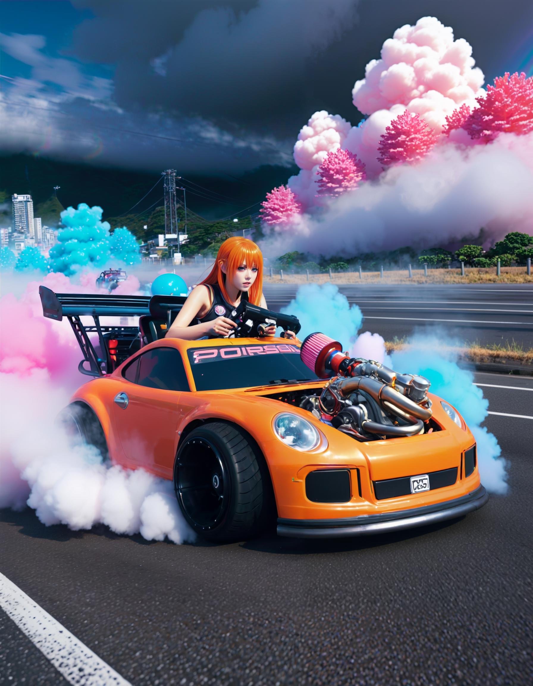 anime artwork Kushina Uzumaki driving a white gold pturbo, (tokyo:1.1) city, fog, smoke, high speed, neon lights,explosion,front view, focus on the car, animation, rainbow, wearing a latex racesuit, candy cotton clouds, bubblegum . anime style, key visual, vibrant, studio anime, highly detailed