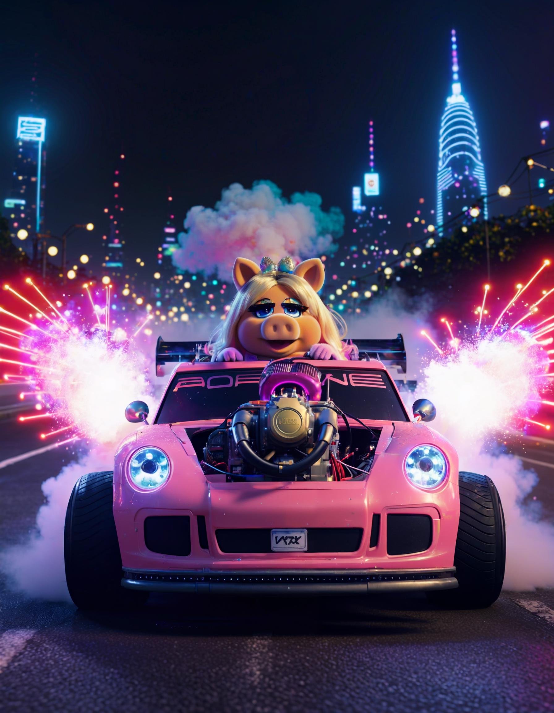 anime artwork RAW photo, miss piggy driving a white pturbo, night city ,nighttime, fog, smoke, high speed, neon lights, glitterbomb explosion, freckles of glitter, robot face, electrical eye, front view, focus on the car, animation . anime style, key visual, vibrant, studio anime, highly detailed