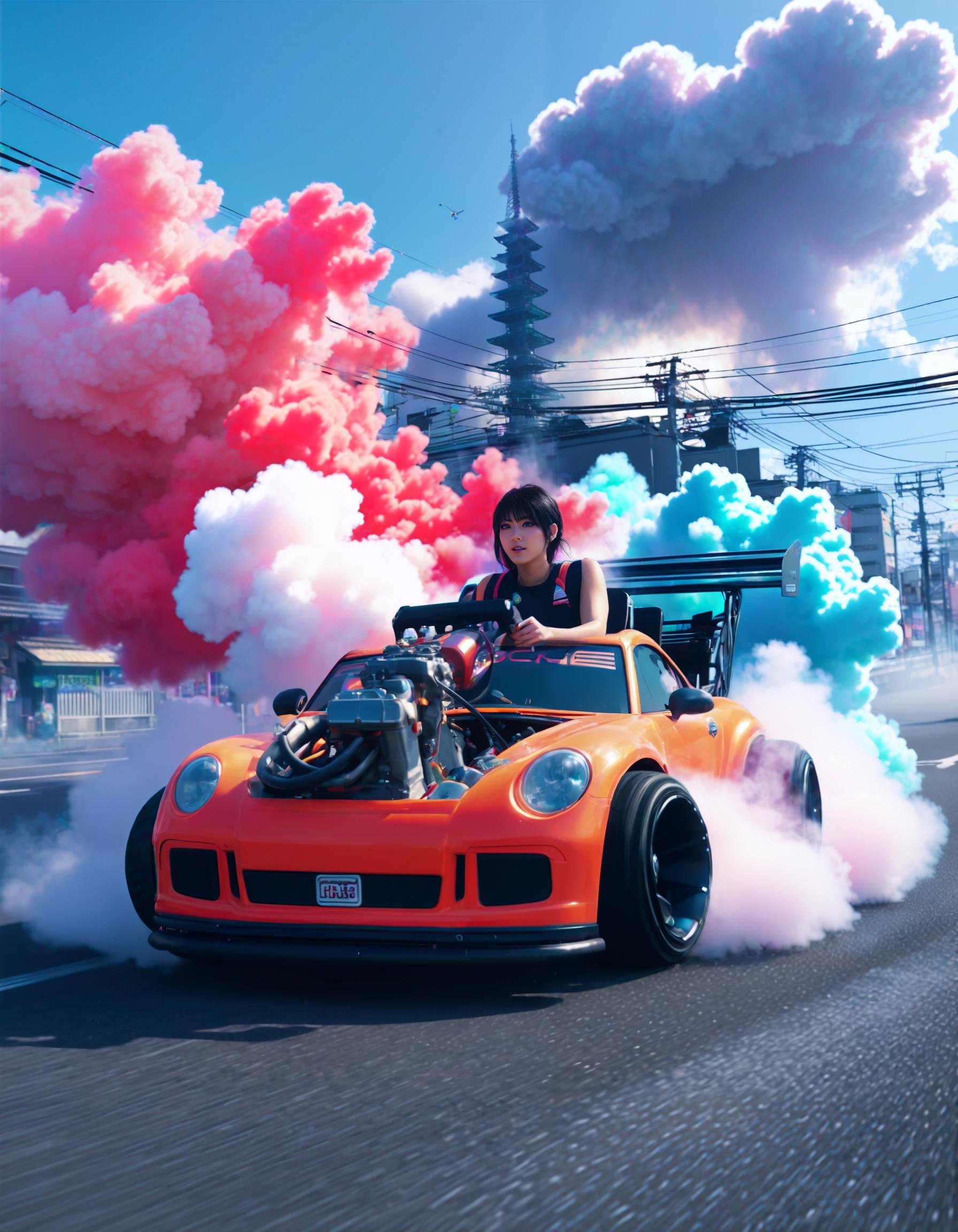 anime artwork Nobara Kugisaki driving a pturbo, (tokyo:1.1) city, fog, smoke, high speed, neon lights,explosion,front view, focus on the car, animation, rainbow, wearing a latex racesuit, candy cotton clouds, in wonderland . anime style, key visual, vibrant, studio anime, highly detailed