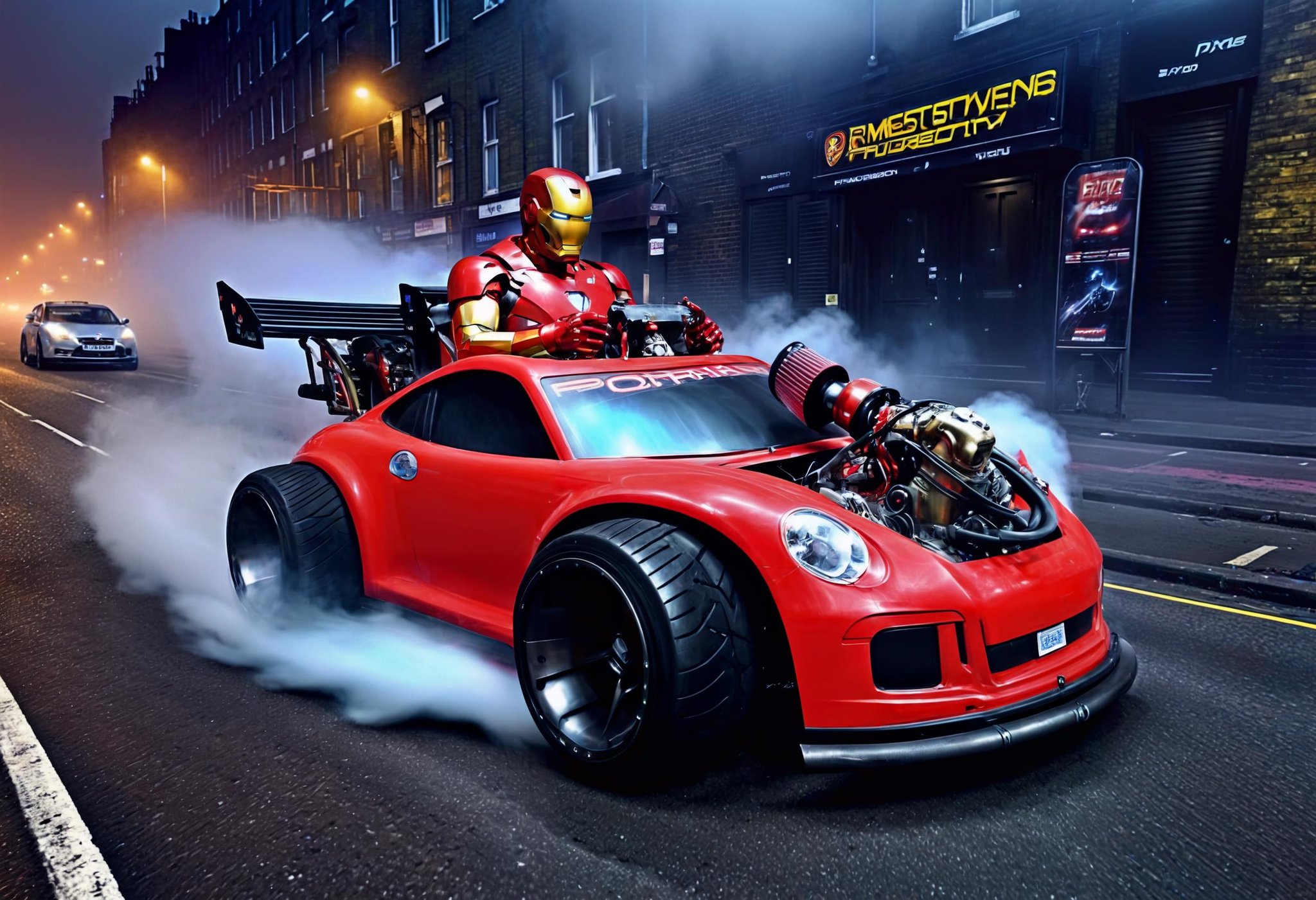 HDR photo of RAW photo, ironman driving a pturbo, london city,nighttime, fog, smoke, high speed, neon lights,  . High dynamic range, vivid, rich details, clear shadows and highlights, realistic, intense, enhanced contrast, highly detailed