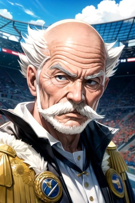 masterpiece, best quality, wallpaper, 1boy, solo, male focus, looking at viewer, , , , realistic, <lora:makarov_dreyar:0.66>, makarov_dreyar, white hair, black eyes, old man, bald, mustache, , , , , stadium,