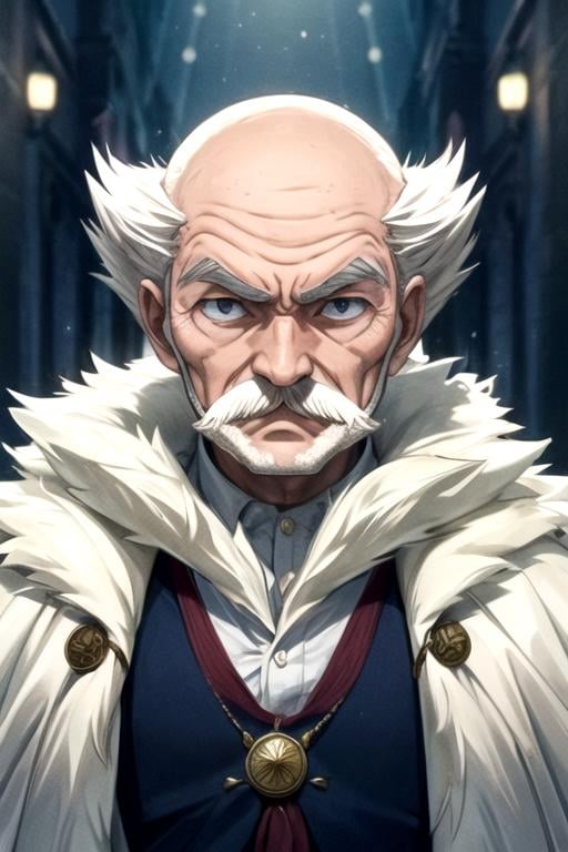 masterpiece, best quality, movie still, 1boy, solo, male focus, looking at viewer, , , , , <lora:makarov_dreyar:0.72>, makarov_dreyar, white hair, black eyes, old man, mustache, , fur trim, bald, , , , ,