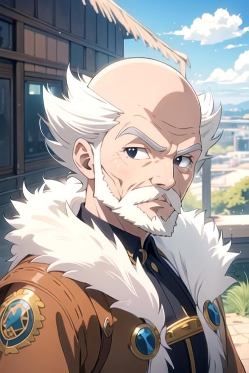 masterpiece, best quality, photorealistic, 1boy, solo, male focus, looking at viewer, , , anime coloring, realistic, <lora:makarov_dreyar:0.66>, makarov_dreyar, white hair, black eyes, old, beard, fur trim, bald, , , , hangar, 12k resolution