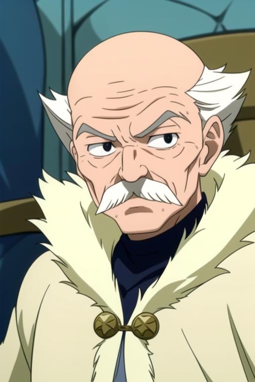 masterpiece, best quality, illustration, 1boy, solo, male focus, looking at viewer, upper body, depth of field, , , <lora:makarov_dreyar:0.74>, makarov_dreyar, white hair, black eyes, old man, mustache, , fur trim, ,