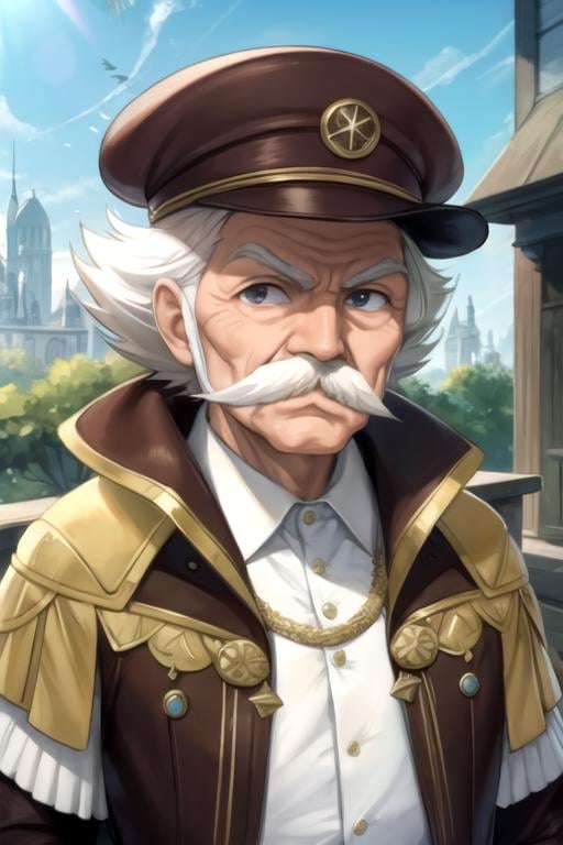 masterpiece, best quality, photorealistic, 1boy, solo, male focus, looking at viewer, upper body, , ligne claire, , <lora:makarov_dreyar:0.72>, makarov_dreyar, white hair, black eyes, old man, mustache, hat, , , , , science fiction transhumanism, 8k resolution