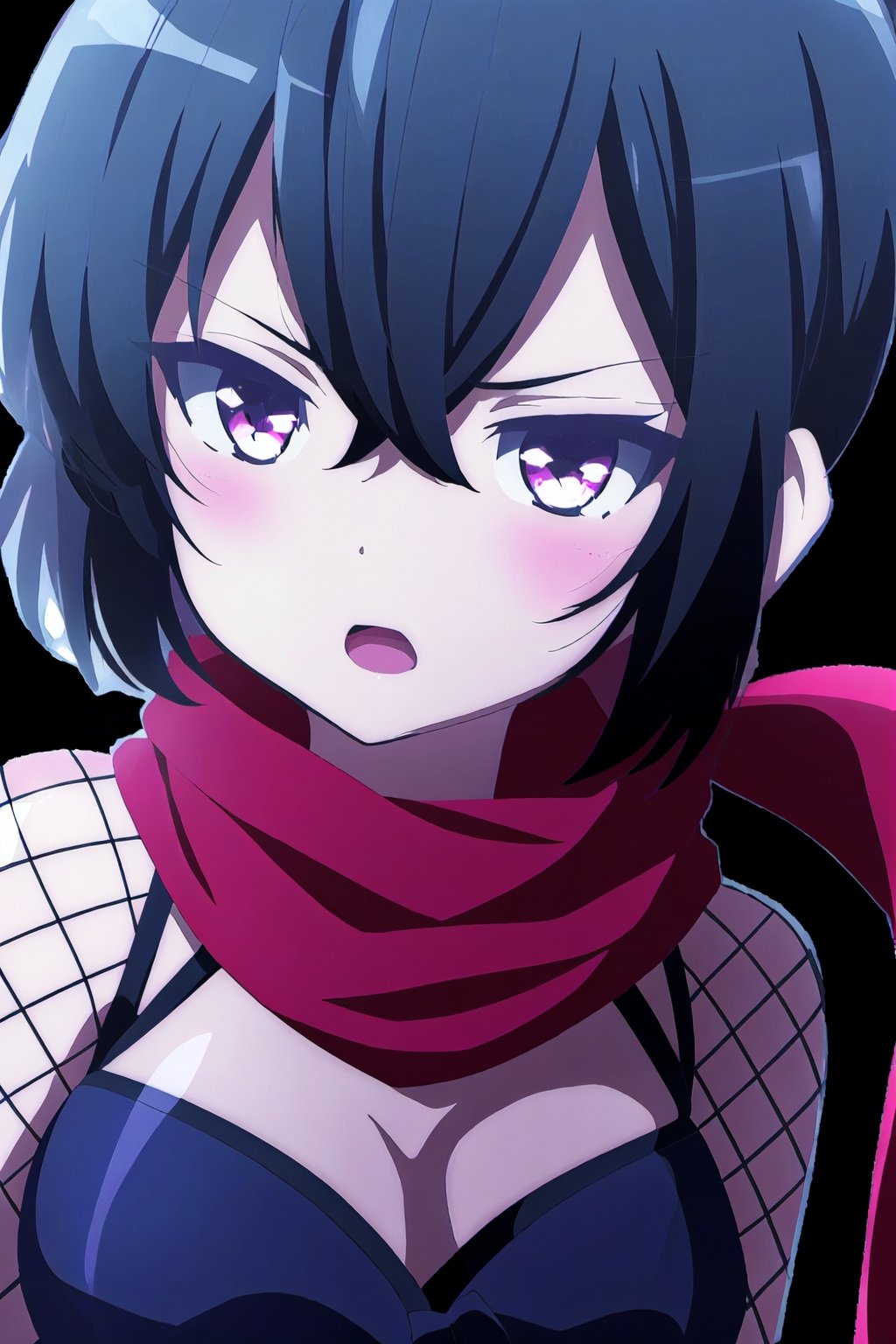 1girl, solo, blush, short hair, open mouth, bangs, simple background, black hair, hair between eyes, purple eyes, scarf, black background, fishnets, red scarf, ninja


high quality,best quality,ultra detailed,masterpiece,bare shoulders


