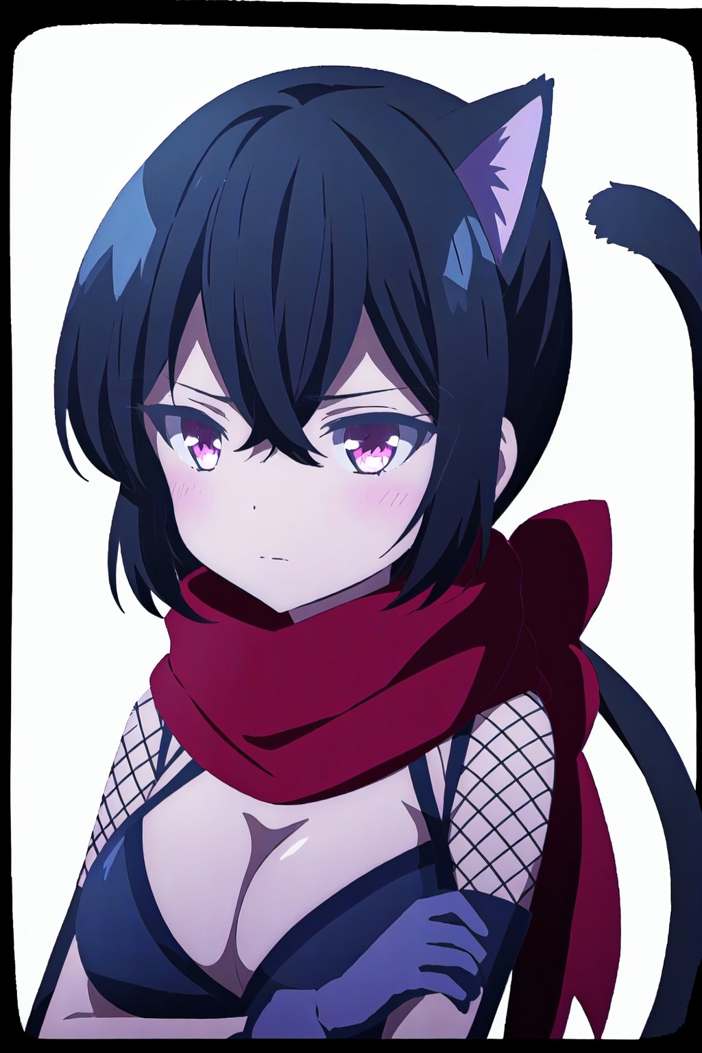 1girl, solo, breasts, blush, short hair, bangs, simple background, black hair, gloves, white background, animal ears, cleavage, hair between eyes, medium breasts, tail, upper body, scarf, cat tail, fishnets, red scarf, ninja


high quality,best quality,ultra detailed,masterpiece,bare shoulders


