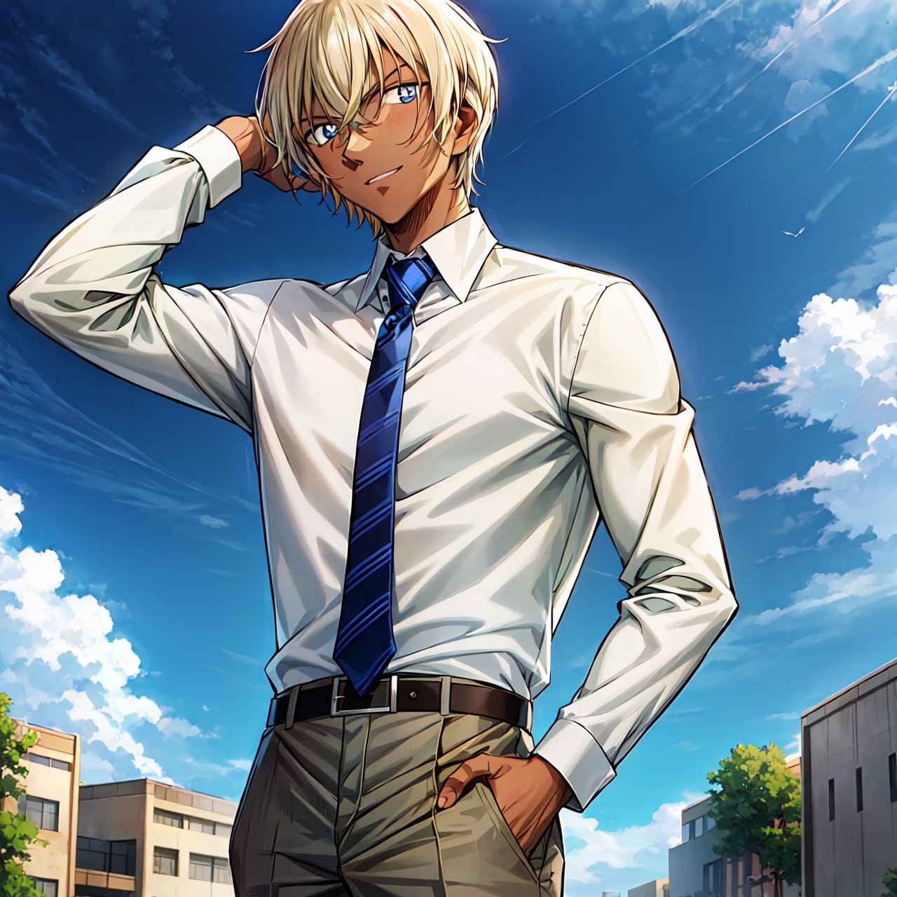 male, mature, young man, about 25 years old, solo, anime coloring,blonde hair,hair between eyeselegant,Amuro Toru,solo, male focus, 1boy,looking at viewer, short hair,  necktie,pants,one hand in pocket,holding,white shirt,blue eyes,collared shirt,belt,grey pants,long sleeves,dark skin, one hand behind his head,outdoor,street,Blue sky,White cloud,muscular male, male focus, masterpiece, male sharp focus, sharp eyes, ultra quality, 8K UHD, best body anatomy,illustratio,handsome face,Beautiful character design,perfect eyes,