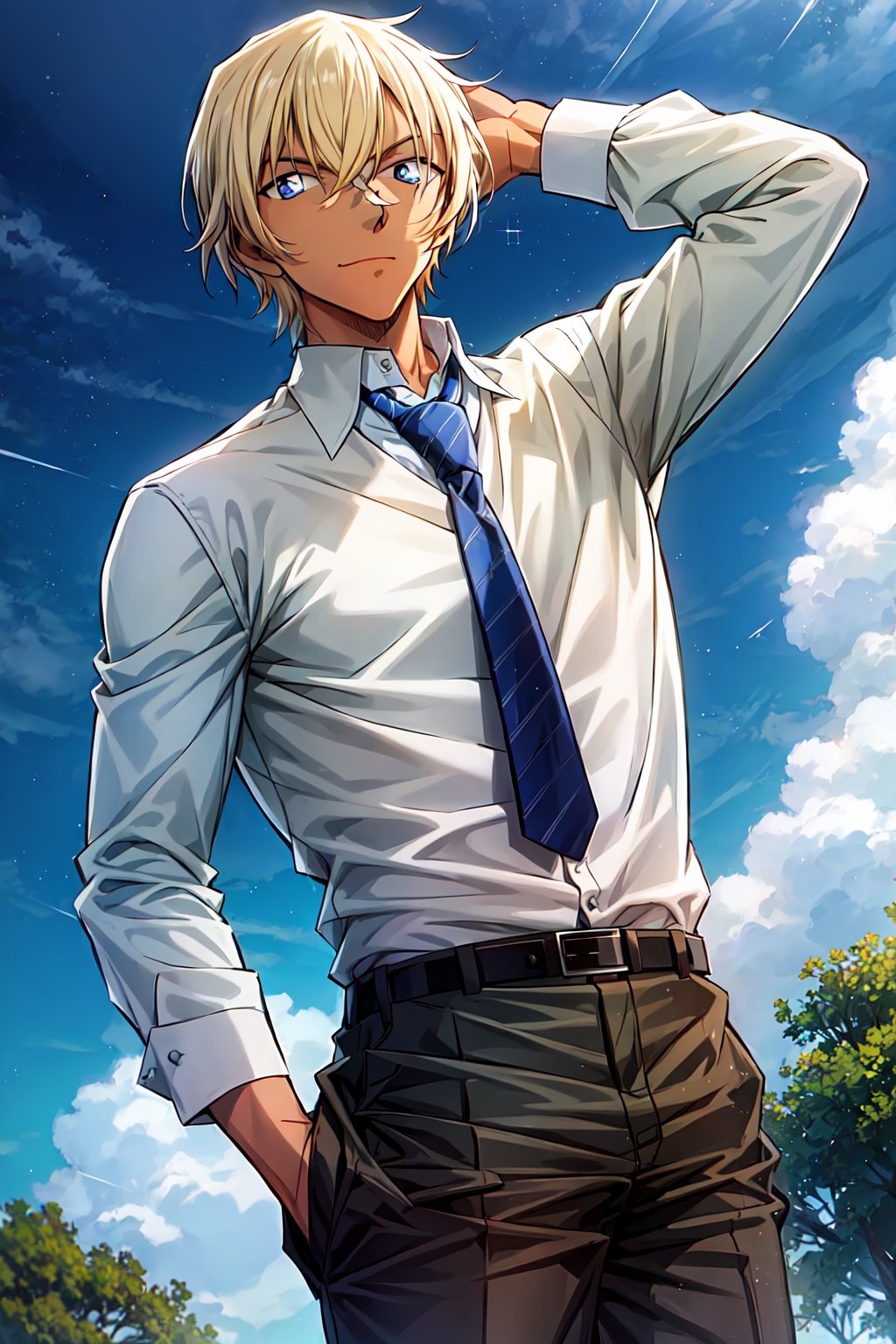 male, mature, young man, about 25 years old, solo, anime coloring,blonde hair,hair between eyeselegant,Amuro Toru,solo, male focus, 1boy,looking at viewer, short hair,  necktie,pants,one hand in pocket,holding,white shirt,blue eyes,collared shirt,belt,grey pants,long sleeves,dark skin, one hand behind his head,outdoor,street,Blue sky,White cloud,muscular male, male focus, masterpiece, male sharp focus, sharp eyes, ultra quality, 8K UHD, best body anatomy,illustratio,handsome face,Beautiful character design,perfect eyes,