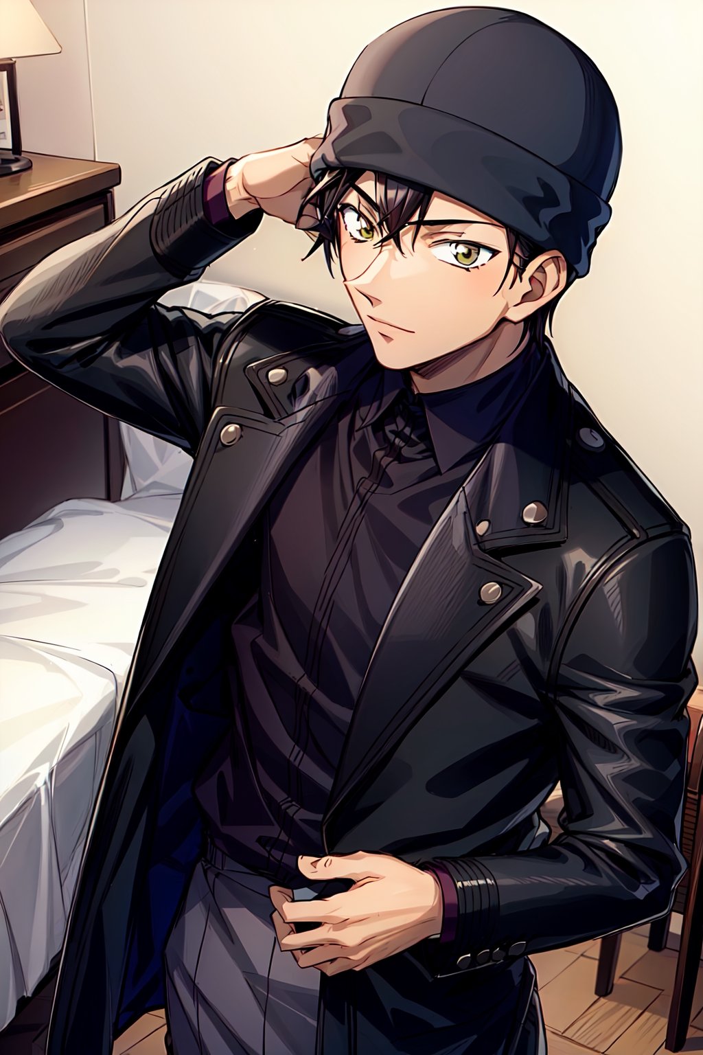 male, mature, young man, about 25 years old, anime coloring,elegant,Akai Shuichi,solo, male focus, 1boy, hat, beanie, black hair, looking at viewer, short hair,  black headwear, coat, winter clothes, bronze skin, dark brown skin, both hands behind his head,in his room,muscular male, male focus, masterpiece, male sharp focus, sharp eyes, ultra quality, 8K UHD, best body anatomy