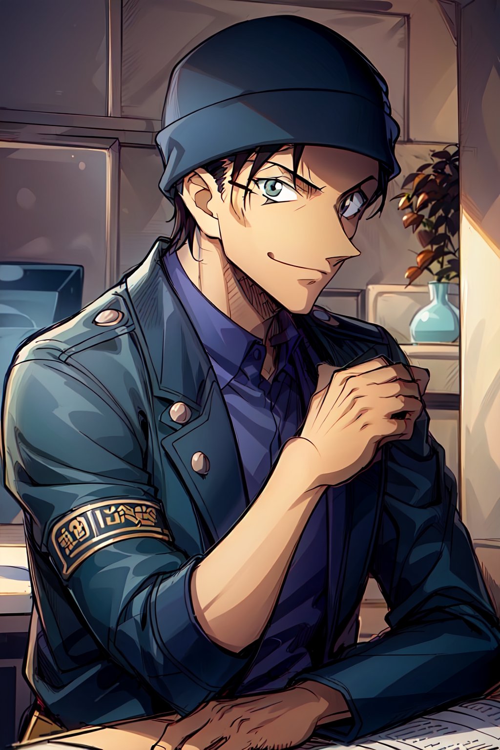 male, mature, young man, about 25 years old, solo, anime coloring,elegant,Akai Shuichi,solo, male focus, 1boy,looking at viewer, short hair,  blue headwear,police officer, police uniform, blue coat, dark blue winter clothes, bronze skin, dark brown skin, both hands behind his head,in his room,muscular male, male focus, masterpiece, male sharp focus, sharp eyes, ultra quality, 8K UHD, best body anatomy,illustratio,handsome face,Beautiful character design,perfect eyes,