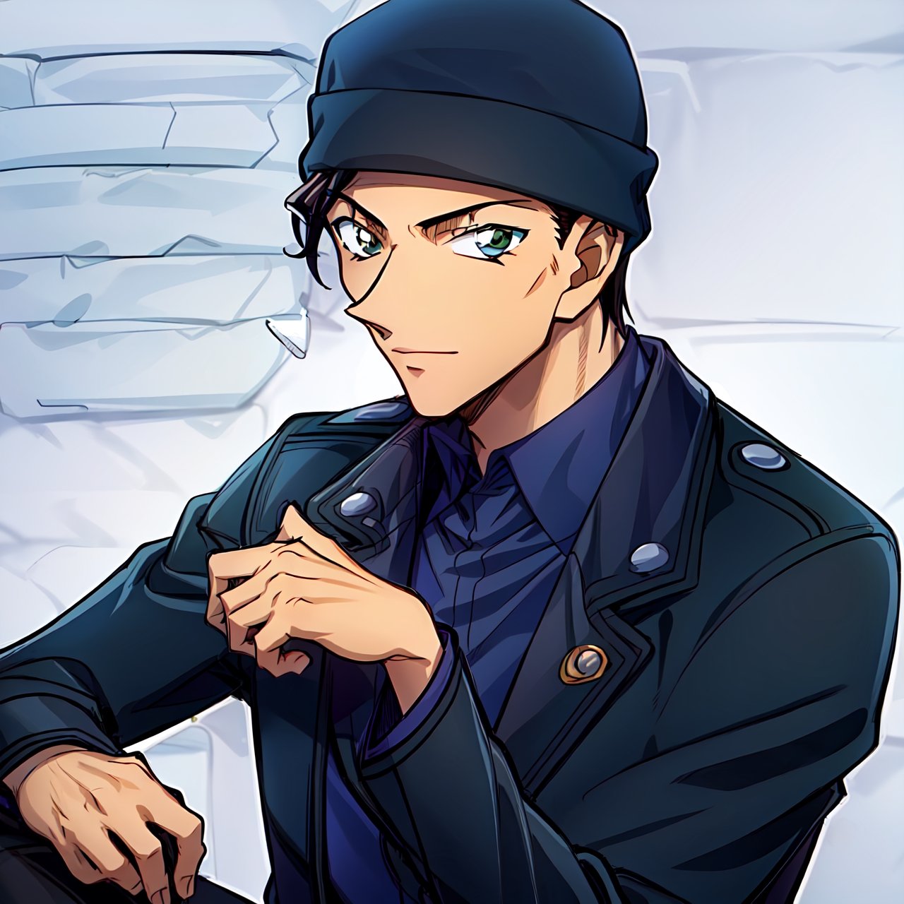 male, mature, young man, about 25 years old, solo, anime coloring,elegant,Akai Shuichi,solo, male focus, 1boy,looking at viewer, short hair,  blue headwear,police officer, police uniform, blue coat, dark blue winter clothes, bronze skin, dark brown skin, both hands behind his head,in his room,muscular male, male focus, masterpiece, male sharp focus, sharp eyes, ultra quality, 8K UHD, best body anatomy,illustratio,handsome face,Beautiful character design,perfect eyes,