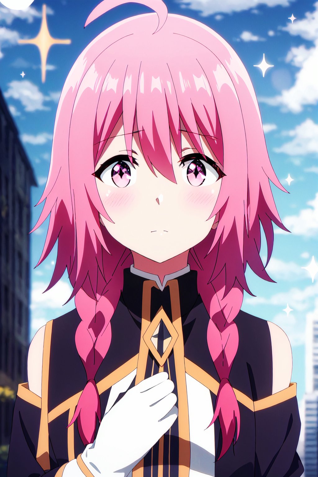 1girl, solo, long hair, looking at viewer, blush, bangs, shirt, gloves, hair between eyes, closed mouth, jacket, upper body, pink hair, braid, outdoors, sky, day, collared shirt, cloud, white gloves, pink eyes, blurry, blue sky, black jacket, sparkle, blurry background, cloudy sky, building, portrait, hair over shoulder


high quality,best quality,ultra detailed,masterpiece,bare shoulders


