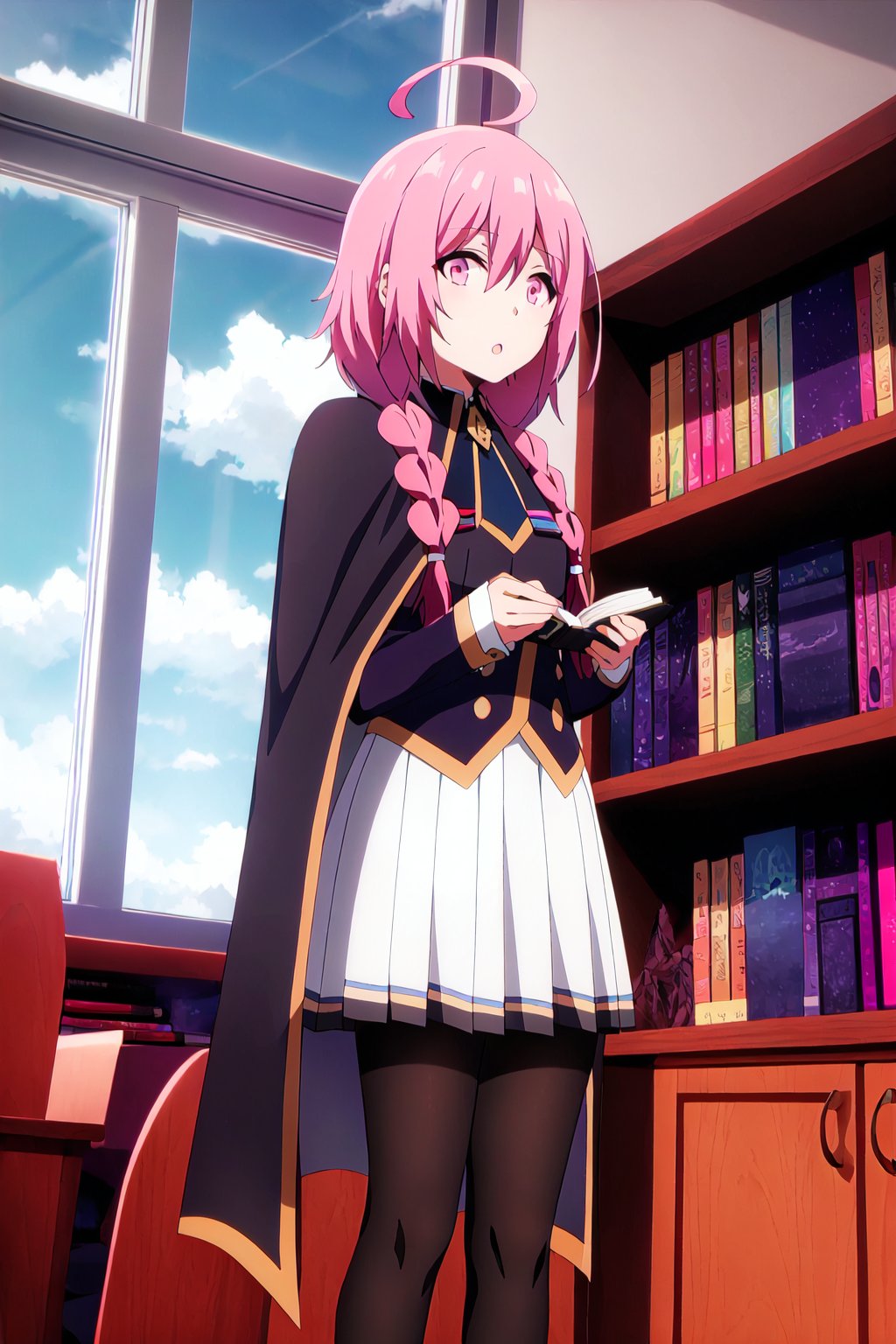 sherry,
1girl, solo, long hair, looking at viewer, bangs, skirt, shirt, standing, pink hair, braid, ahoge, pantyhose, pleated skirt, parted lips, necktie, sky, day, cloud, indoors, pink eyes, cape, :o, twin braids, book, black pantyhose, window, feet out of frame, white skirt, hair over shoulder, gold trim, bookshelf,detailed hands



high quality,best quality,ultra detailed,masterpiece


