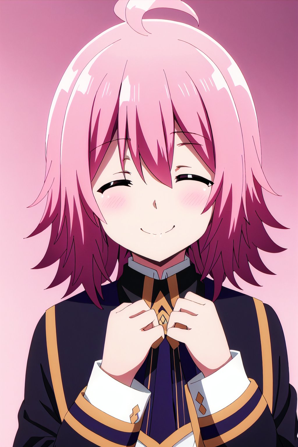 sherry,
1girl, solo, blush, smile, short hair, bangs, long sleeves, closed mouth, school uniform, closed eyes, upper body, pink hair, clenched hands



high quality,best quality,ultra detailed,masterpiece,bare shoulders


